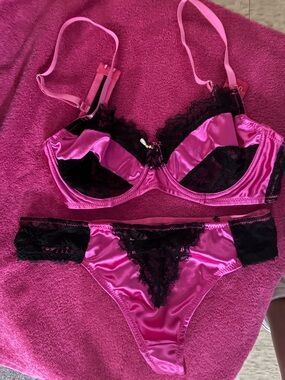 Women's Hot Pink Satin & Black Lace Bra and Bikini Set